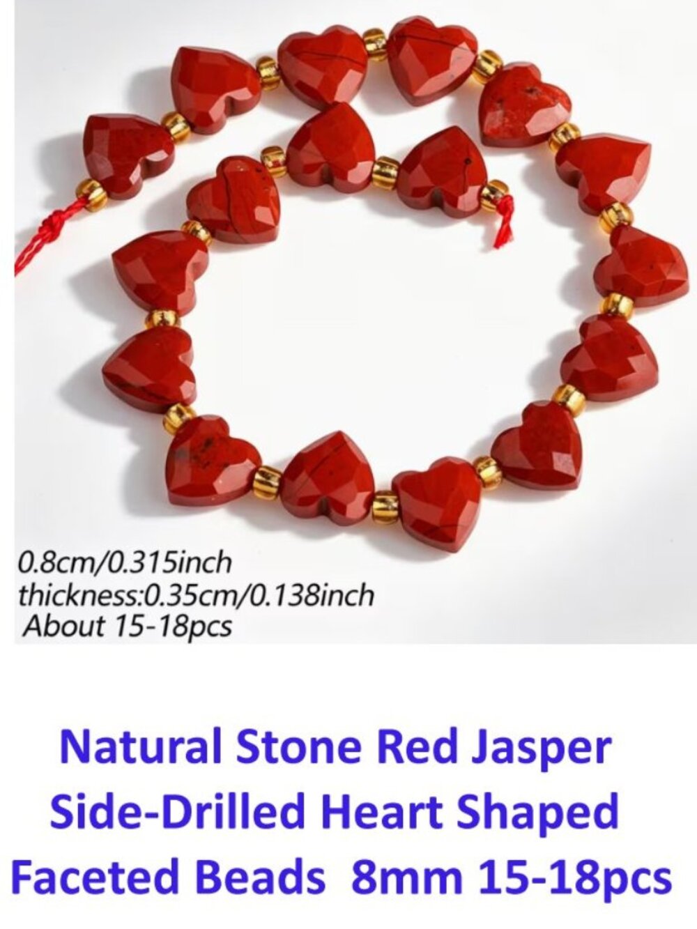 Natural Stone Red Jasper Side-Drilled Heart Shaped Faceted Beads 8mm 15-18pcs
